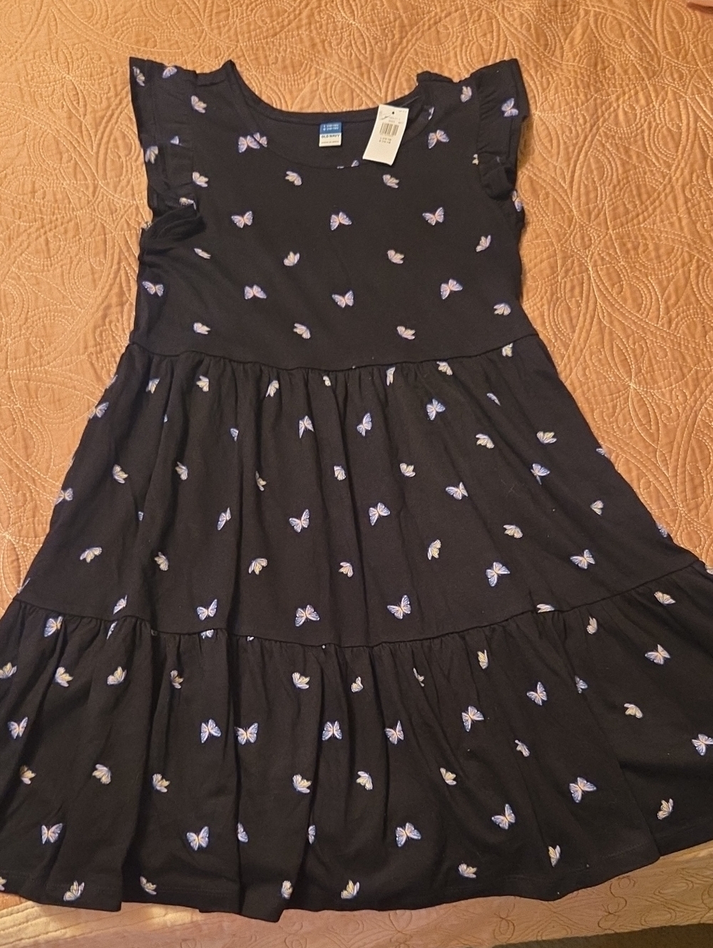Old Navy Black Tiered Dress with Purple Butterfly Print